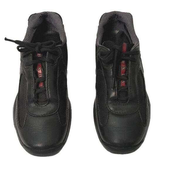 Prada America’s Cup Black Calfskin Leather & Mesh Low Top Sneaker Men's Size 7 - Picture 4 of 14